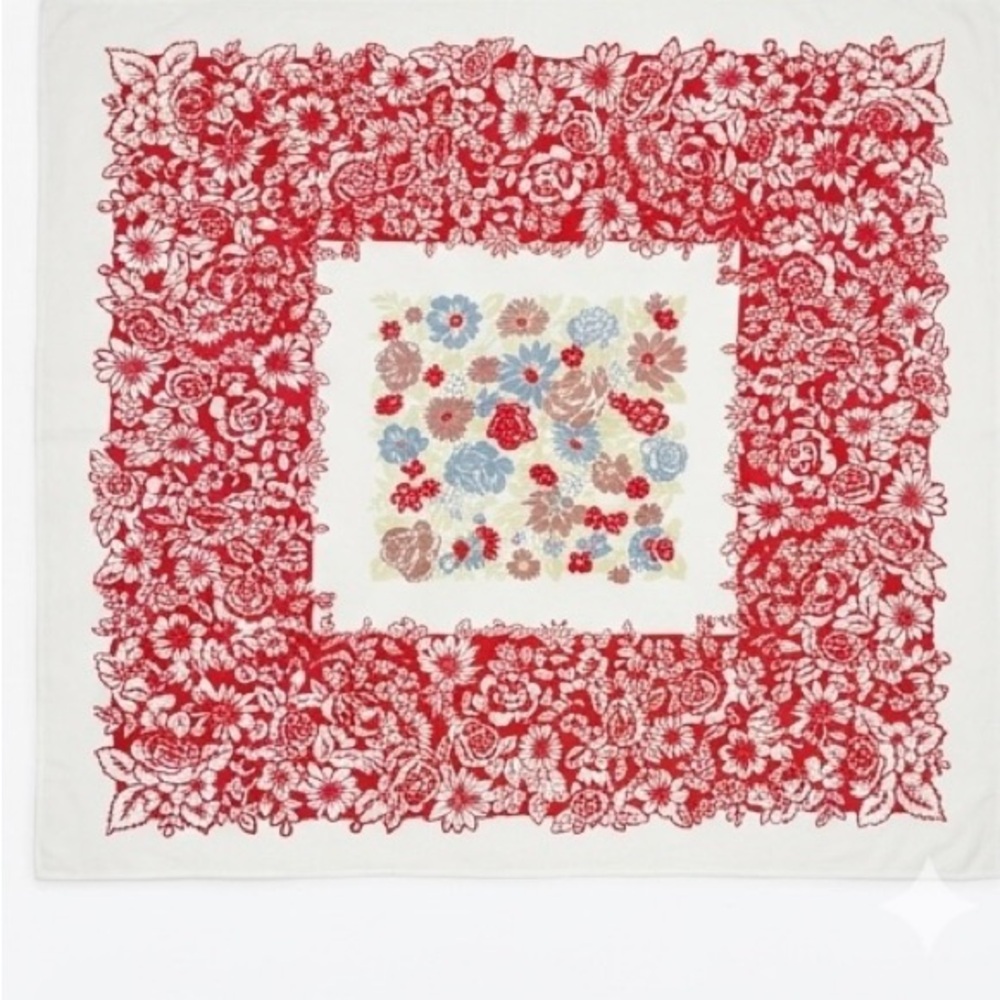Vintage Mid Century Floral Tablecloth Red Blue 48x58 Cottagecore